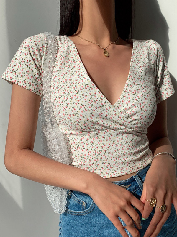 Y2K Vintage Floral Crop Top Tricou Femeie Decupat Subțire Manecă Scurtă Decolteu V-Haine Sexy de Vară Tricou Femeie Femei Topuri