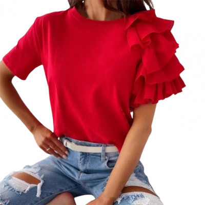 Modna bluza Ženska elegantna bijela jednobojna majica kratkih rukava sa slojevitim volanima, asimetrična široka majica za ljeto, ženske bluze