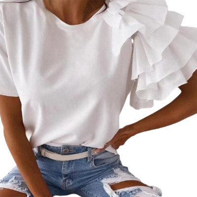 Modna bluza Ženska elegantna bijela jednobojna majica kratkih rukava sa slojevitim volanima, asimetrična široka majica za ljeto, ženske bluze