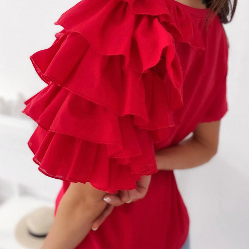 Modna bluza Ženska elegantna bijela jednobojna majica kratkih rukava sa slojevitim volanima, asimetrična široka majica za ljeto, ženske bluze