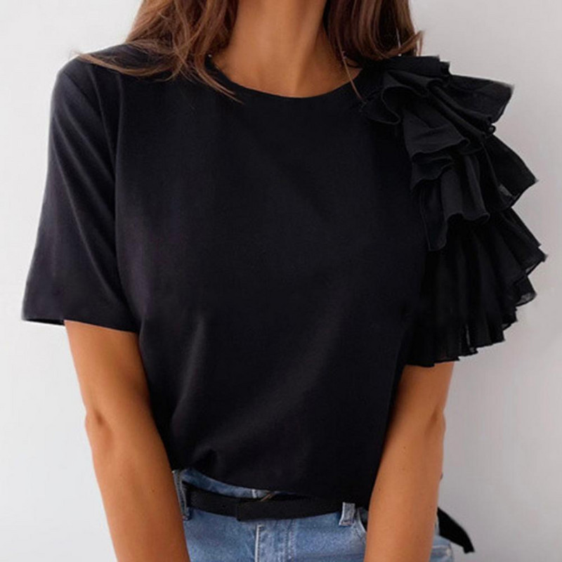 Modna bluza Ženska elegantna bijela jednobojna majica kratkih rukava sa slojevitim volanima, asimetrična široka majica za ljeto, ženske bluze