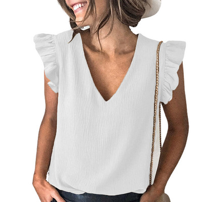 Decolteu în V, elegantă, cămașă simplă de damă, cu volan, cu mânecă scurtă, bluză de vară, de culoare solidă, Topuri pentru femei Blusa Mujer Bluze pentru femei