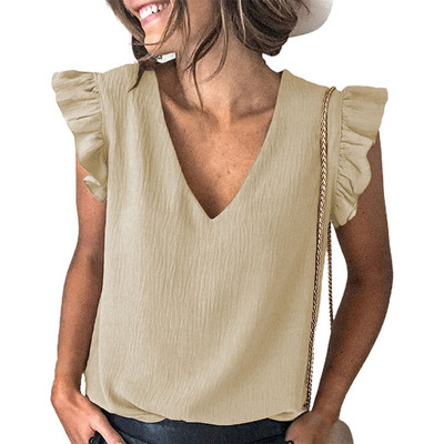 Decolteu în V, elegantă, cămașă simplă de damă, cu volan, cu mânecă scurtă, bluză de vară, de culoare solidă, Topuri pentru femei Blusa Mujer Bluze pentru femei