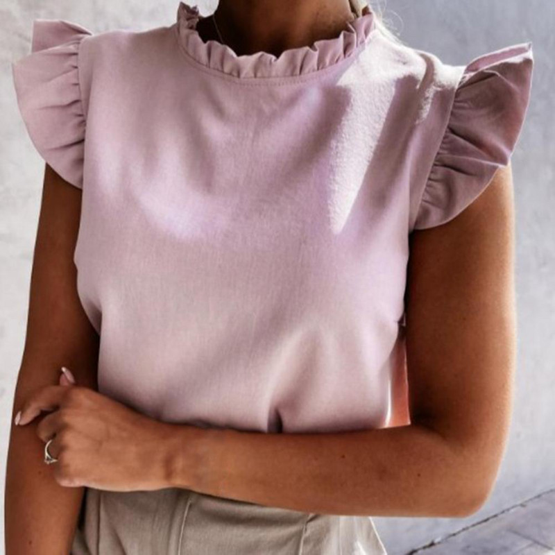 Decolteu în V, elegantă, cămașă simplă de damă, cu volan, cu mânecă scurtă, bluză de vară, de culoare solidă, Topuri pentru femei Blusa Mujer Bluze pentru femei