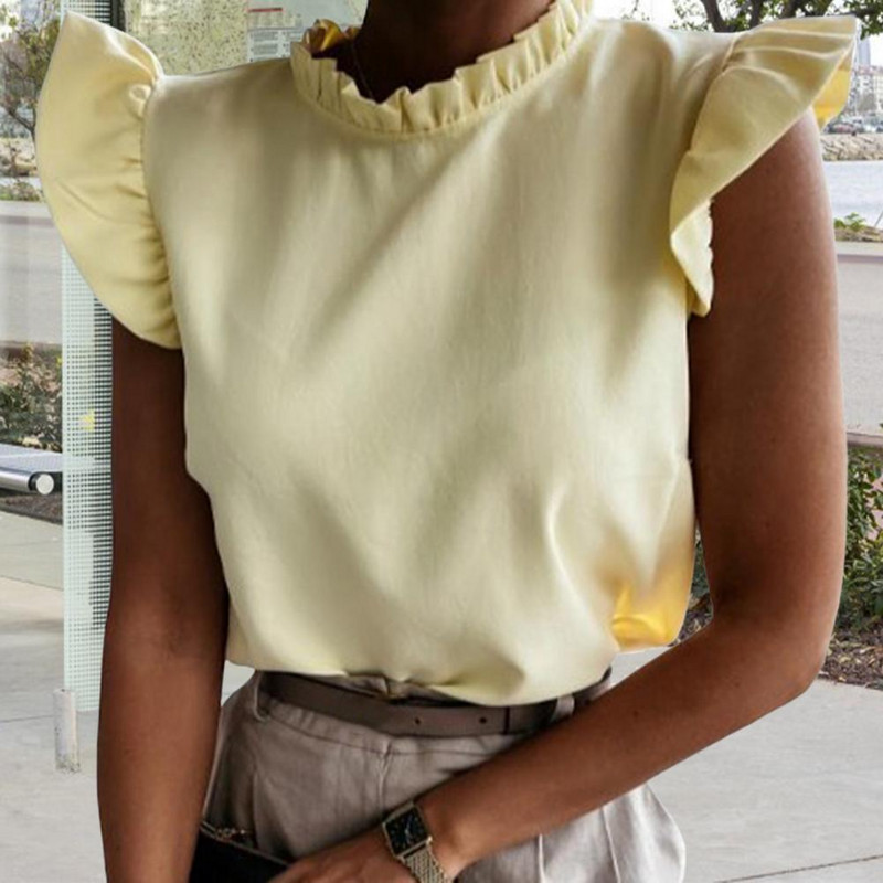 Decolteu în V, elegantă, cămașă simplă de damă, cu volan, cu mânecă scurtă, bluză de vară, de culoare solidă, Topuri pentru femei Blusa Mujer Bluze pentru femei