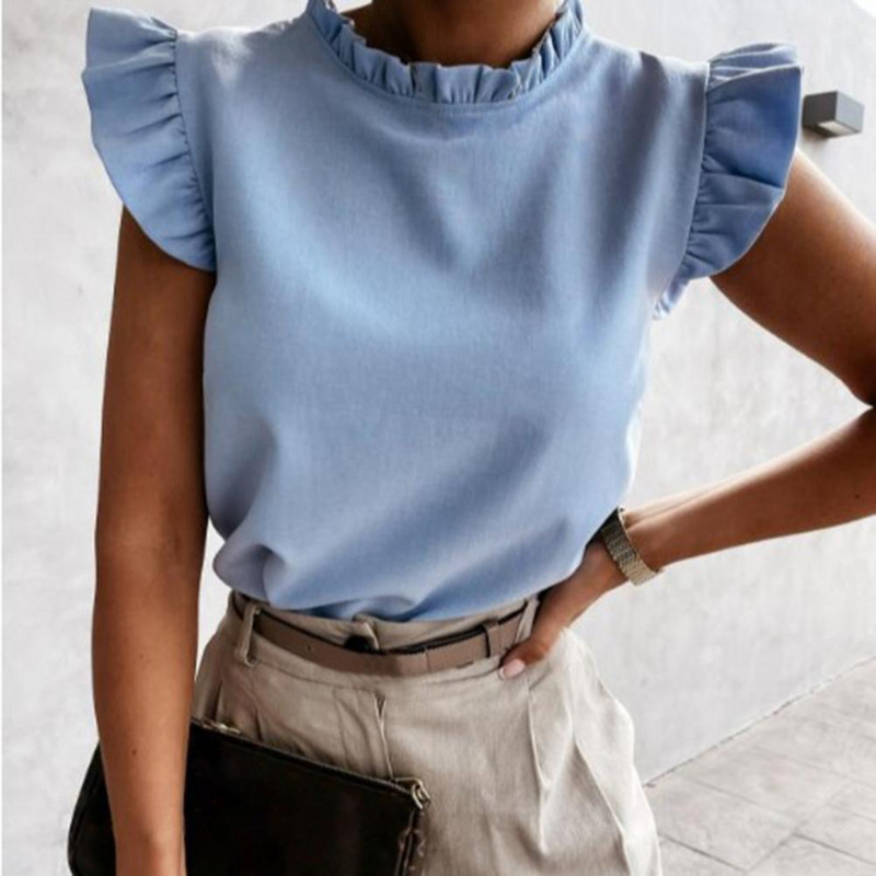 Decolteu în V, elegantă, cămașă simplă de damă, cu volan, cu mânecă scurtă, bluză de vară, de culoare solidă, Topuri pentru femei Blusa Mujer Bluze pentru femei