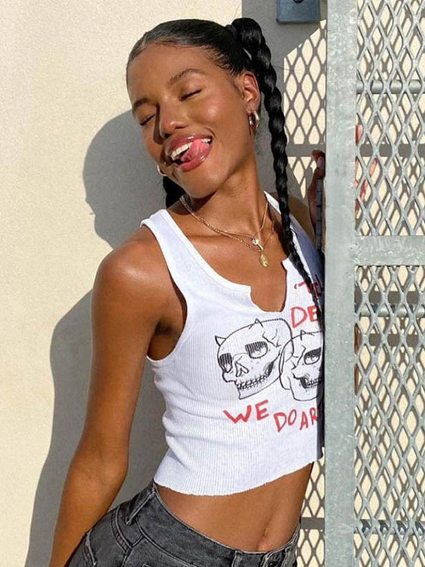 Esteetilised graafilised kübertänavarõivad, naiste šikid varrukateta spordipüksid, 2023. aasta Harajuku kitsad kärbitud topid Camisole