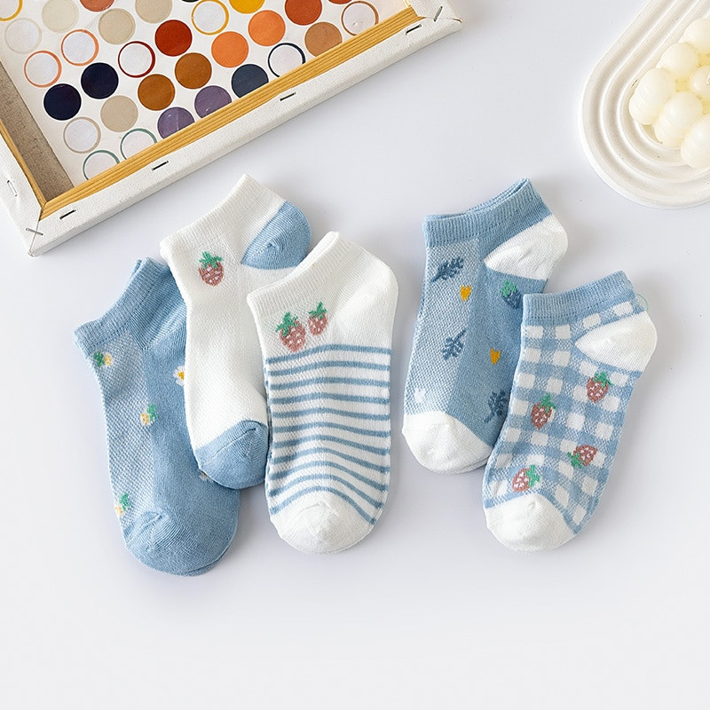 5 Ζεύγη Γυναικείες Κάλτσες Four Seasons INS Strawberry Mesh Κάλτσες Γυναικείες κάλτσες με χαμηλό κάλυμμα ρηχό στόμα