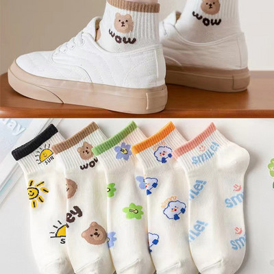 5 perechi/lot șosete damă scurte glezne decolteat set neprezentare set bumbac alb cute hearts sport de vară școală cu volane imprimeu cu volane