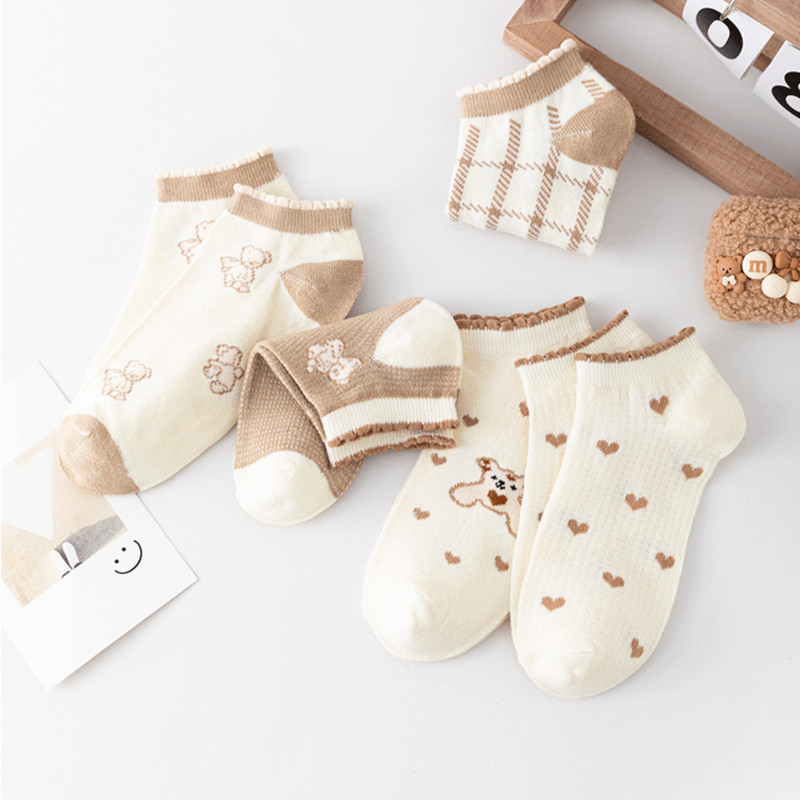 5 perechi/lot șosete damă scurte glezne decolteat set neprezentare set bumbac alb cute hearts sport de vară școală cu volane imprimeu cu volane