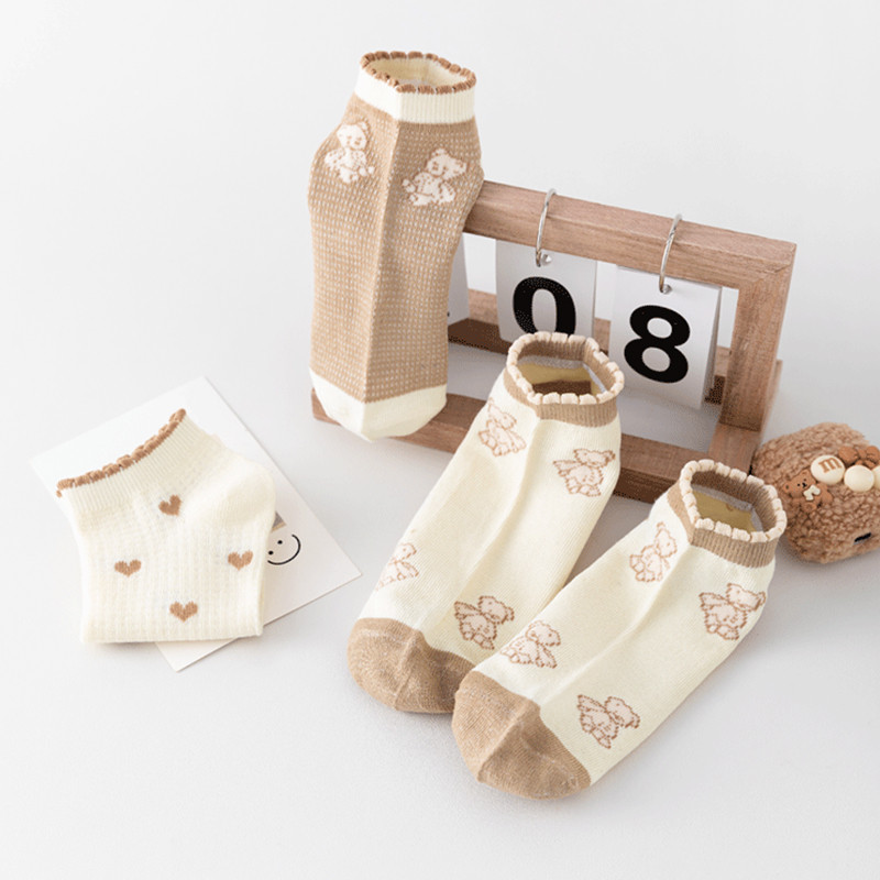 5 perechi/lot șosete damă scurte glezne decolteat set neprezentare set bumbac alb cute hearts sport de vară școală cu volane imprimeu cu volane