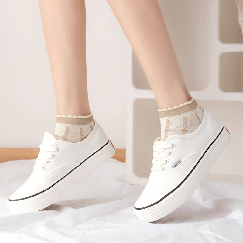 5 perechi/lot șosete damă scurte glezne decolteat set neprezentare set bumbac alb cute hearts sport de vară școală cu volane imprimeu cu volane