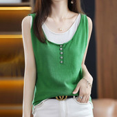 Ljeto, nove pletene tanke majice od ledene svile, bez rukava, kontrastne patchwork labave dvodijelne majice, ležerna modna ženska odjeća