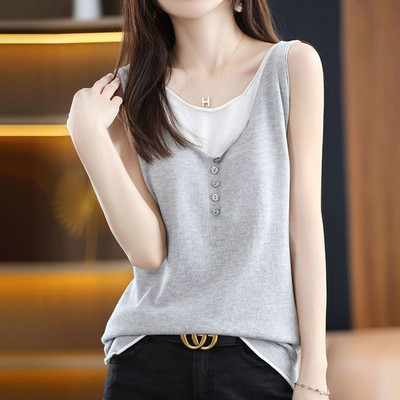 Ljeto, nove pletene tanke majice od ledene svile, bez rukava, kontrastne patchwork labave dvodijelne majice, ležerna modna ženska odjeća