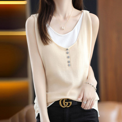 Ljeto, nove pletene tanke majice od ledene svile, bez rukava, kontrastne patchwork labave dvodijelne majice, ležerna modna ženska odjeća