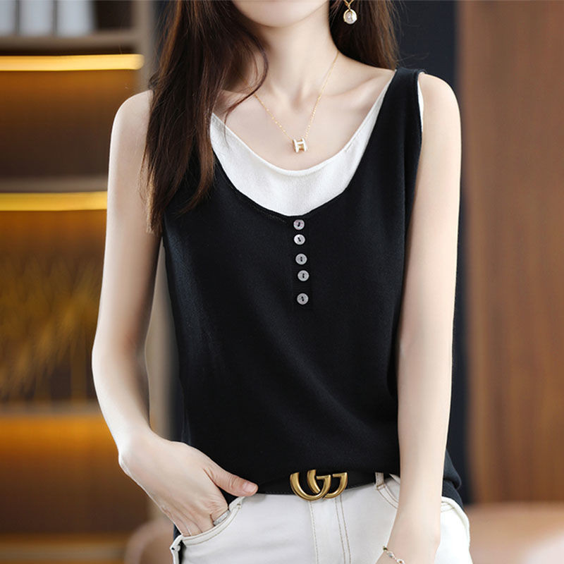 Ljeto, nove pletene tanke majice od ledene svile, bez rukava, kontrastne patchwork labave dvodijelne majice, ležerna modna ženska odjeća