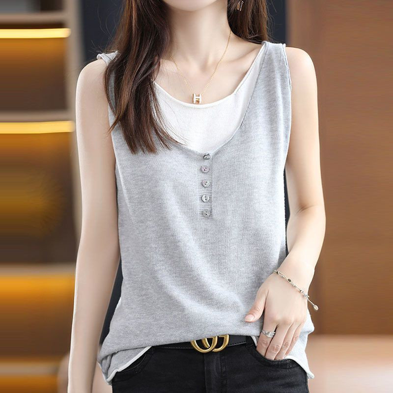 Ljeto, nove pletene tanke majice od ledene svile, bez rukava, kontrastne patchwork labave dvodijelne majice, ležerna modna ženska odjeća