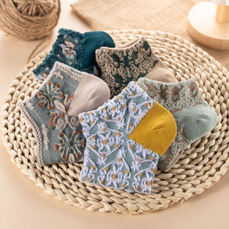 5 paari uus naiste vintage pahkluu armsate sokkide komplekt naistele Harajuku Kawaii tüdrukule, puuvillased lillelised nähtamatud sokid naistele