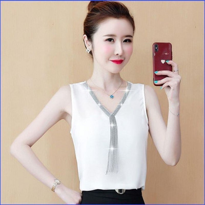 Vară, decolteu în V, diamante, ciucuri, maiou pentru femei, ocazional, modă, vestă pentru femei, temperament, fără mâneci, tricou cu fundul