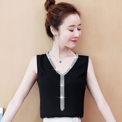 Vară, decolteu în V, diamante, ciucuri, maiou pentru femei, ocazional, modă, vestă pentru femei, temperament, fără mâneci, tricou cu fundul