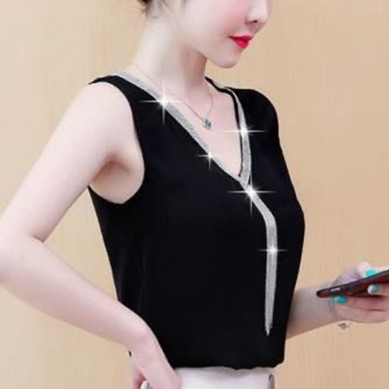 Vară, decolteu în V, diamante, ciucuri, maiou pentru femei, ocazional, modă, vestă pentru femei, temperament, fără mâneci, tricou cu fundul