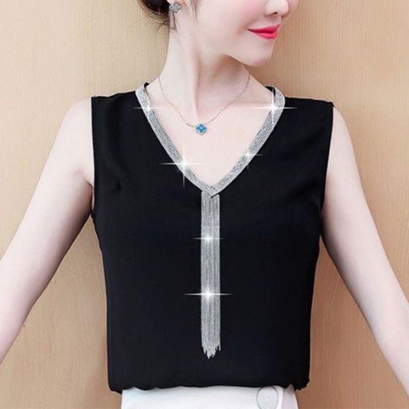 Vară, decolteu în V, diamante, ciucuri, maiou pentru femei, ocazional, modă, vestă pentru femei, temperament, fără mâneci, tricou cu fundul