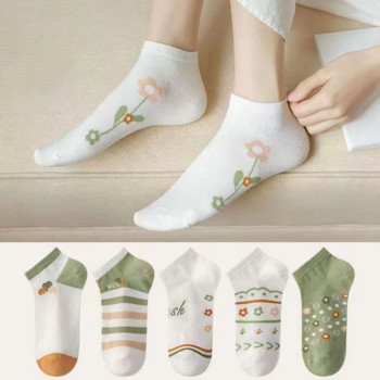 5 чифта дамски чорапи със сладък принт с цветя Four Seasons Boat Ankle No Show Short Sock Calcetines Mujer Low Cut Summer Spring