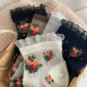 Șosete cu volan din dantelă Lolita, broderie florală, Harajuku, vintage, șosete scurte pentru femei, de vară, ultra-subțiri, din mătase transparentă.