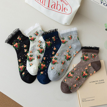 Лолита Дантелени чорапи с волани Флорална бродерия Harajuku Винтидж къси чорапи Дамски летни ултратънки прозрачни кристални копринени чорапи