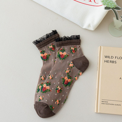 Șosete cu volan din dantelă Lolita, broderie florală, Harajuku, vintage, șosete scurte pentru femei, de vară, ultra-subțiri, din mătase transparentă.