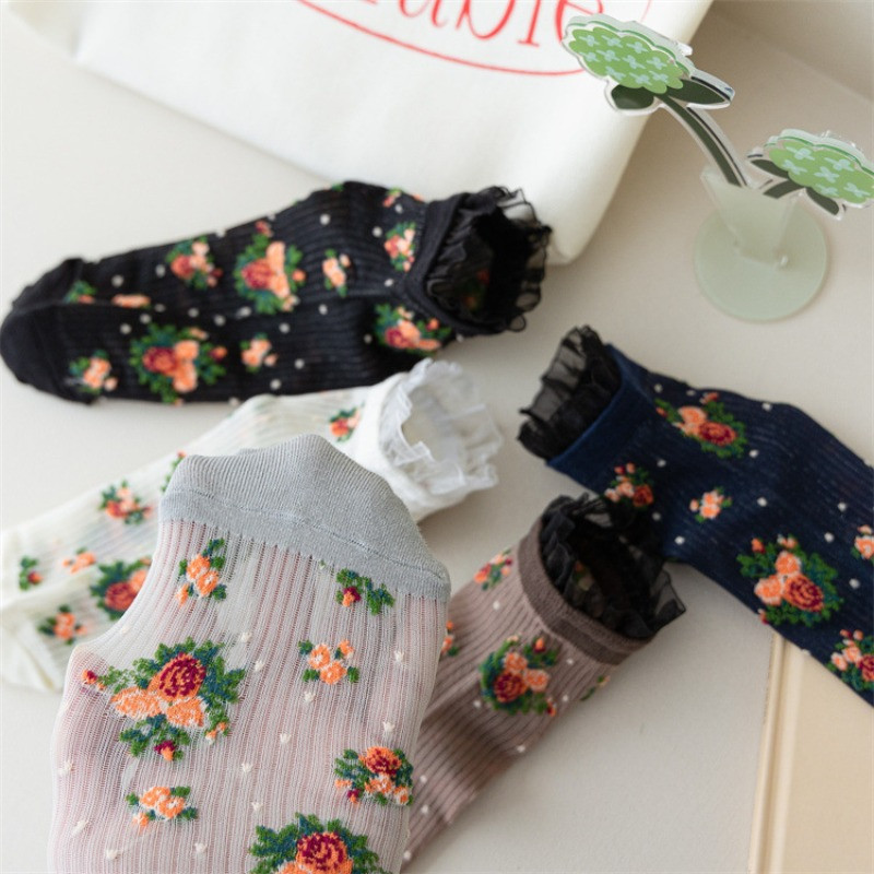 Șosete cu volan din dantelă Lolita, broderie florală, Harajuku, vintage, șosete scurte pentru femei, de vară, ultra-subțiri, din mătase transparentă.