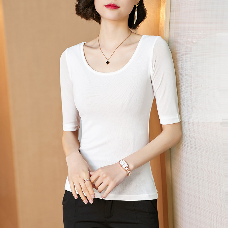 Proljeće ljeto Mrežaste majice kratkih rukava do pola rukava Visoke rastezljive majice s O izrezom za djevojke Jednobojna jednostavna osnovna majica kratkih rukava