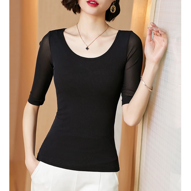 Proljeće ljeto Mrežaste majice kratkih rukava do pola rukava Visoke rastezljive majice s O izrezom za djevojke Jednobojna jednostavna osnovna majica kratkih rukava