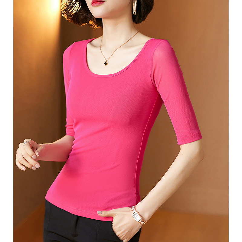 Proljeće ljeto Mrežaste majice kratkih rukava do pola rukava Visoke rastezljive majice s O izrezom za djevojke Jednobojna jednostavna osnovna majica kratkih rukava