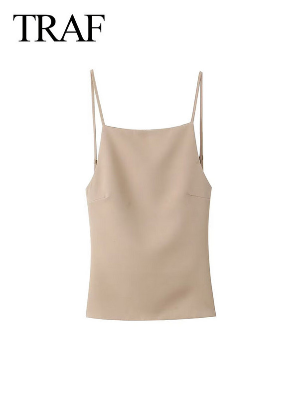 TRAF 2024 tavaszi női szexi hát nélküli divat, ujjatlan, egyszínű ferde nyak, Y2K sokoldalú karcsú kauzális függesztő kausal camis