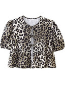 Willshela Tricou cu dantelă cu fundă imprimată leopard de modă pentru femei, vintage cu gâtul O, mâneci bufante scurte, bluză pentru femei șic