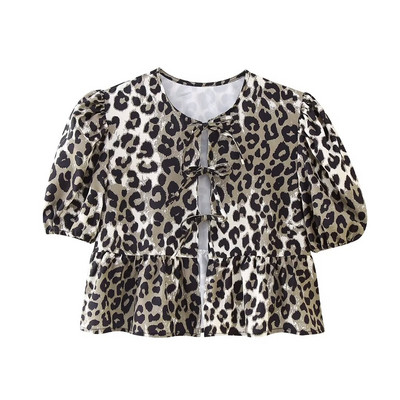 Willshela Tricou cu dantelă cu fundă imprimată leopard de modă pentru femei, vintage cu gâtul O, mâneci bufante scurte, bluză pentru femei șic