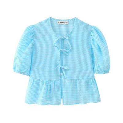 Willshela Tricou cu dantelă cu fundă imprimată leopard de modă pentru femei, vintage cu gâtul O, mâneci bufante scurte, bluză pentru femei șic