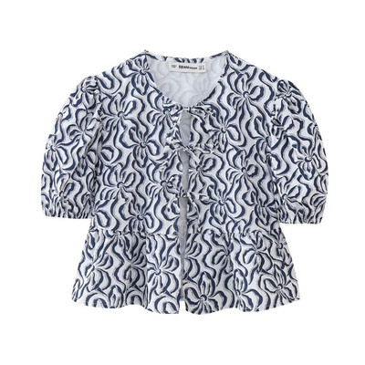 Willshela Tricou cu dantelă cu fundă imprimată leopard de modă pentru femei, vintage cu gâtul O, mâneci bufante scurte, bluză pentru femei șic