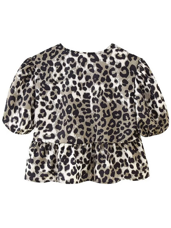 Willshela Tricou cu dantelă cu fundă imprimată leopard de modă pentru femei, vintage cu gâtul O, mâneci bufante scurte, bluză pentru femei șic