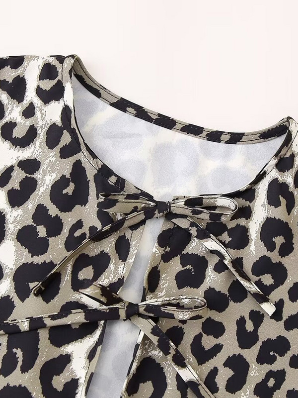 Willshela Tricou cu dantelă cu fundă imprimată leopard de modă pentru femei, vintage cu gâtul O, mâneci bufante scurte, bluză pentru femei șic