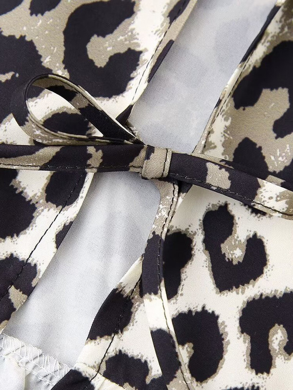 Willshela Tricou cu dantelă cu fundă imprimată leopard de modă pentru femei, vintage cu gâtul O, mâneci bufante scurte, bluză pentru femei șic