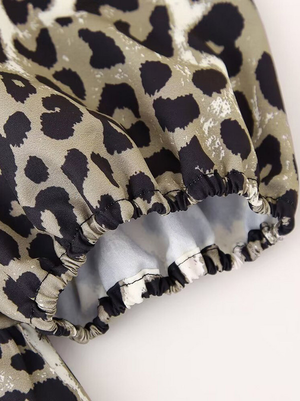 Willshela Tricou cu dantelă cu fundă imprimată leopard de modă pentru femei, vintage cu gâtul O, mâneci bufante scurte, bluză pentru femei șic