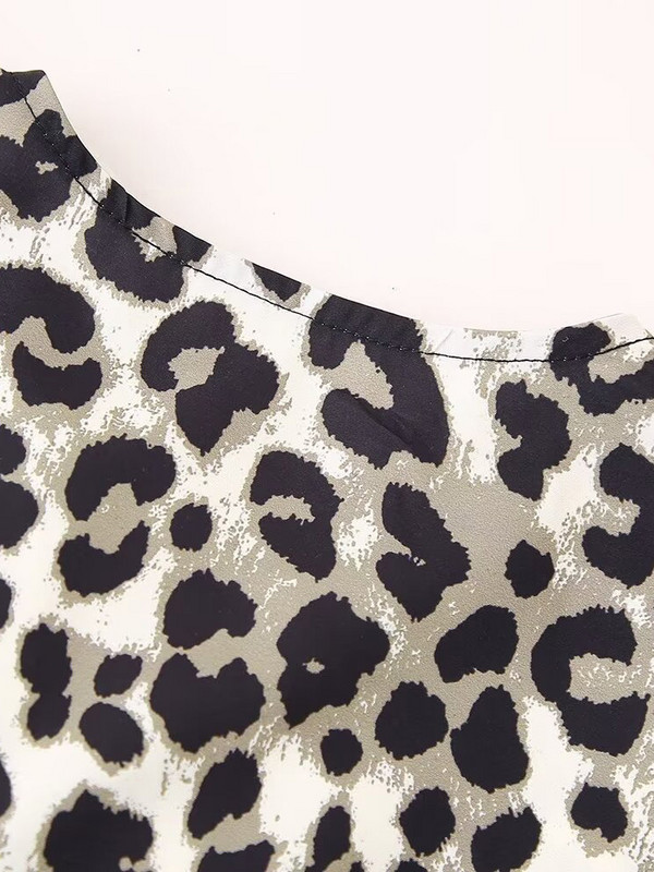 Willshela Tricou cu dantelă cu fundă imprimată leopard de modă pentru femei, vintage cu gâtul O, mâneci bufante scurte, bluză pentru femei șic