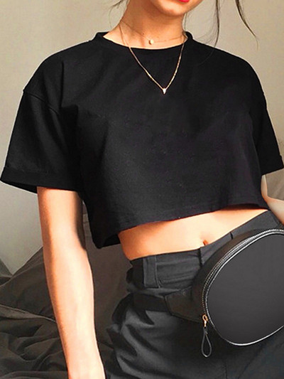 Harajuku krekls Funny Y2K Women Crop Tops Ikdienišķs melns sieviešu nabas T-krekls ar apaļu kakla izgriezumu, īss brīvs T-krekls Vasaras ielas apģērbs