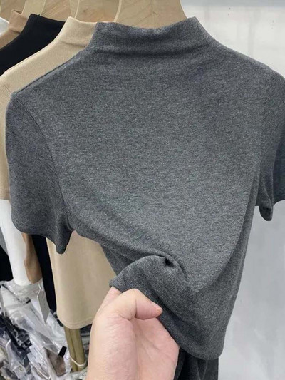 Menetes rövid ujjú női pólók nyári új 2024 garbós, tömör vékony, elasztikus, hosszú ujjú, fenékre húzódó női pólók