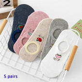 5 perechi de șosete pentru bărci pentru femei cu model de fructe, șosete invizibile din silicon cu tăietură joasă, anti-alunecare, respirabile de vară și fără glezne.