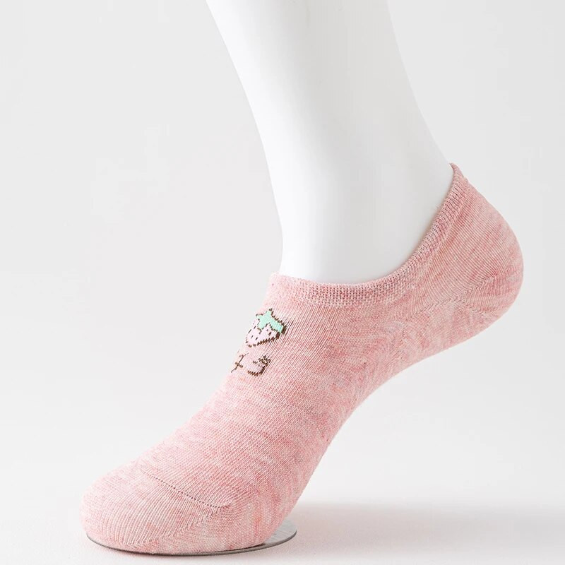 5 perechi de șosete pentru bărci pentru femei cu model de fructe, șosete invizibile din silicon cu tăietură joasă, anti-alunecare, respirabile de vară și fără glezne.