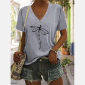 Ženska majica kratkih rukava Dragonfly T-shirt s V izrezom i slovima Ležerna majica kratkih rukava za ljeto Prevelika ženska odjeća Pulover