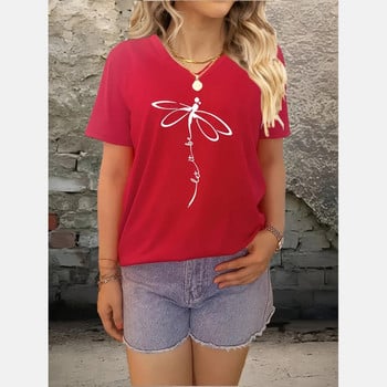 Дамска тениска Dragonfly Letter Print T-shirt V-образно деколте Ежедневна тениска с къс ръкав за лято Овърсайз дамско облекло Пуловер